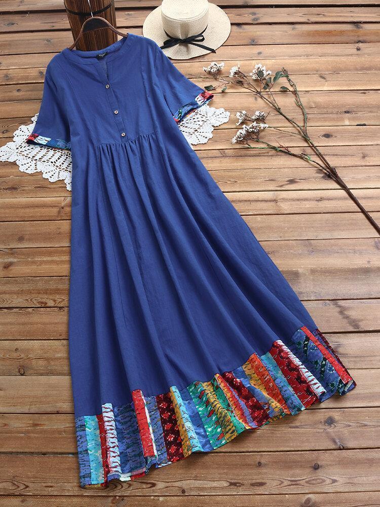 Vintage Patchwork Notch Neck Short Sleeve Button Maxi Dress