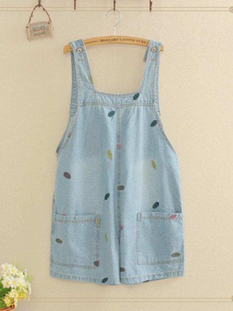 Casual Leaf Embroidered Strap Short Denim Pants